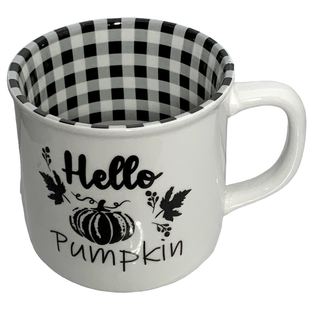 Mug Hello Pumpkin Phrase Gingham Check Buffalo Plaid Accented Ceramic  16 OZ - Picture 7 of 14